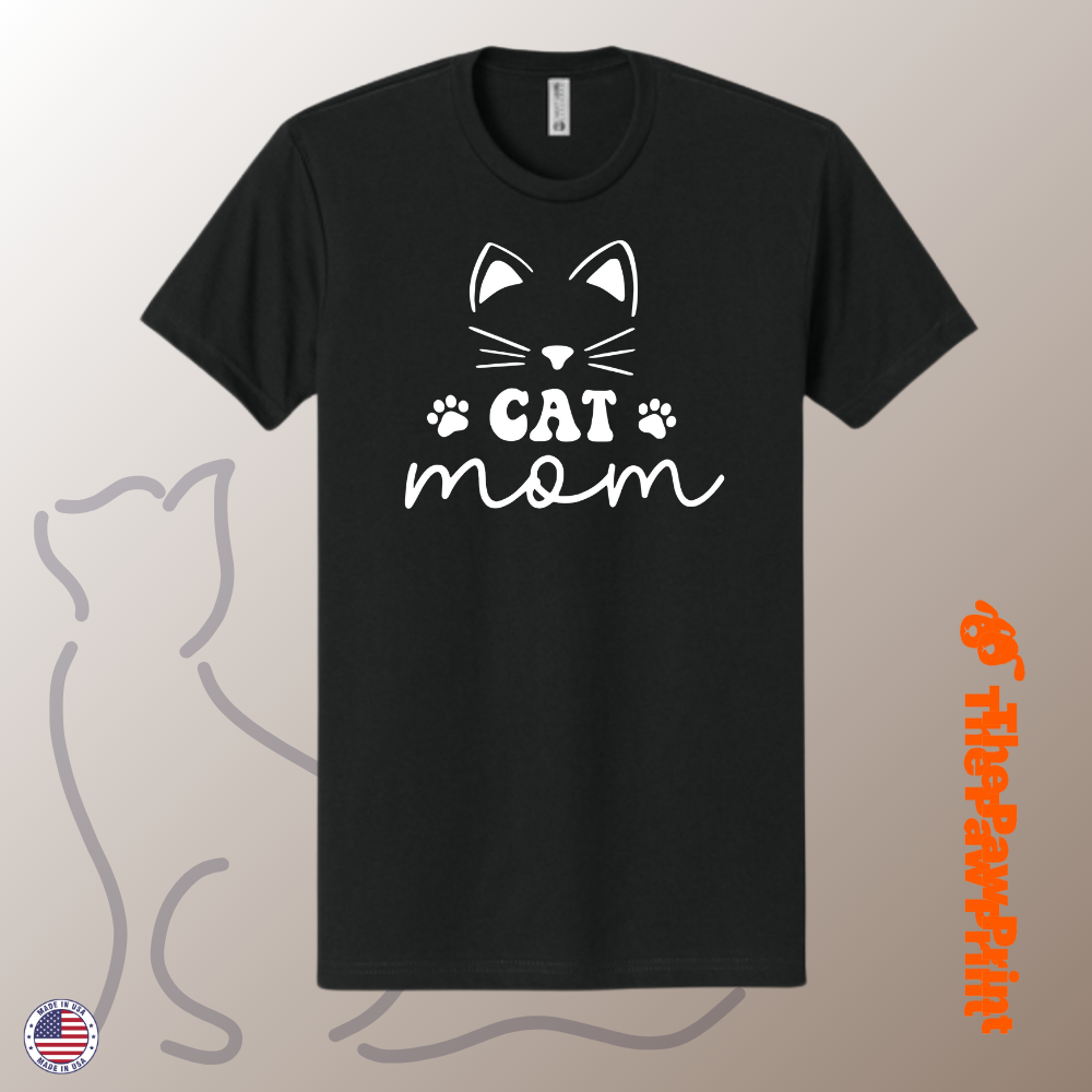 Cat Mom T Shirt with Cute Face and Paw Prints
