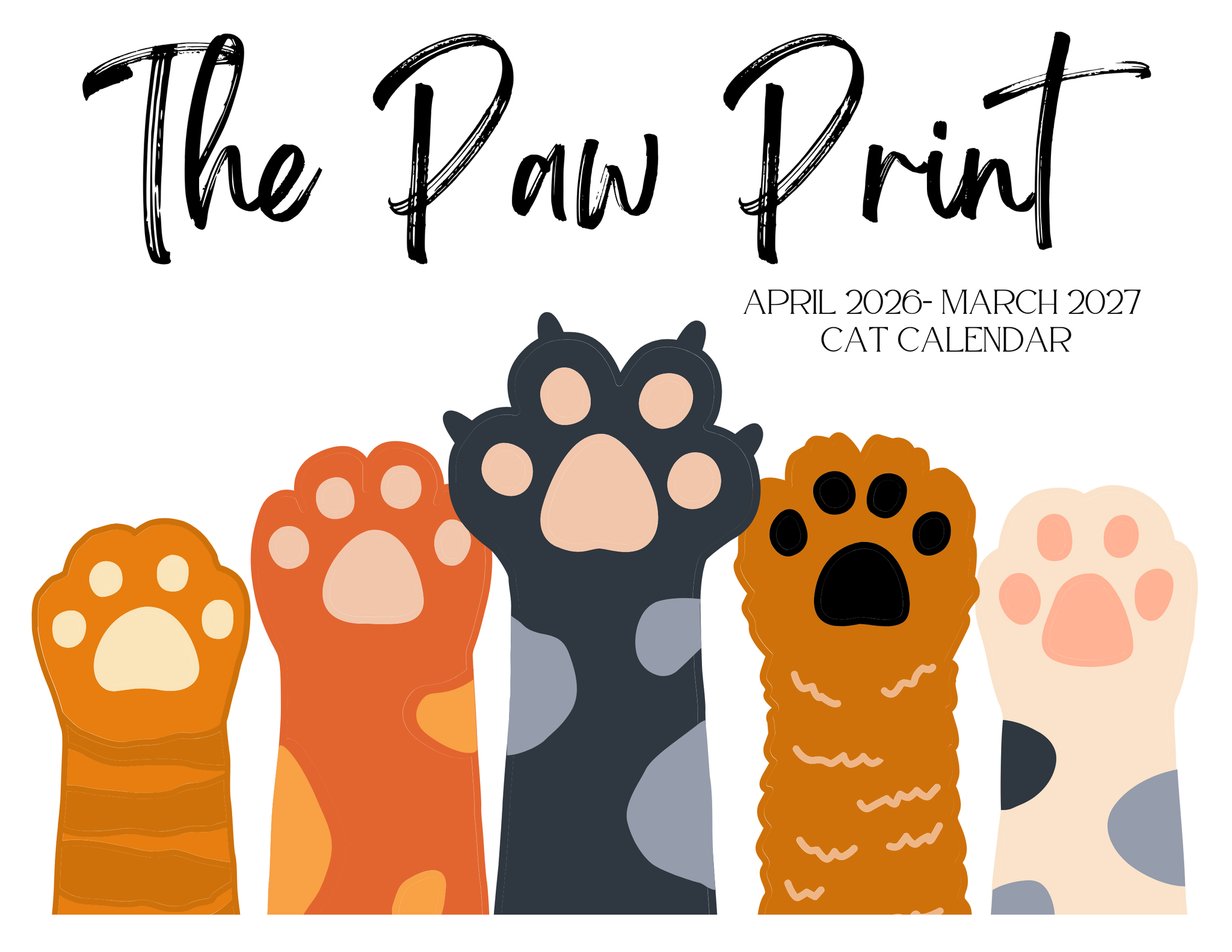 🐾 April 2026 - March 2027 Paw Print Cat Calendar 🗓️