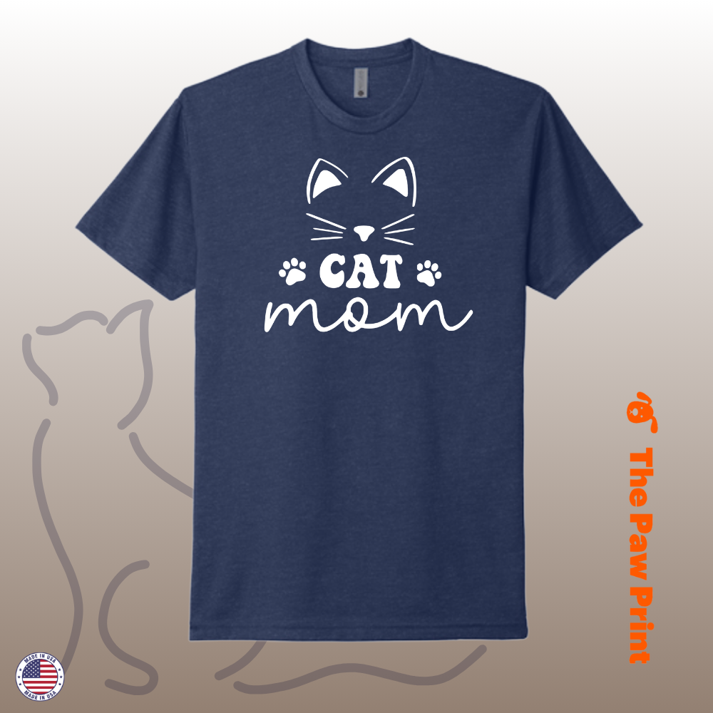Cat Mom T Shirt with Cute Face and Paw Prints