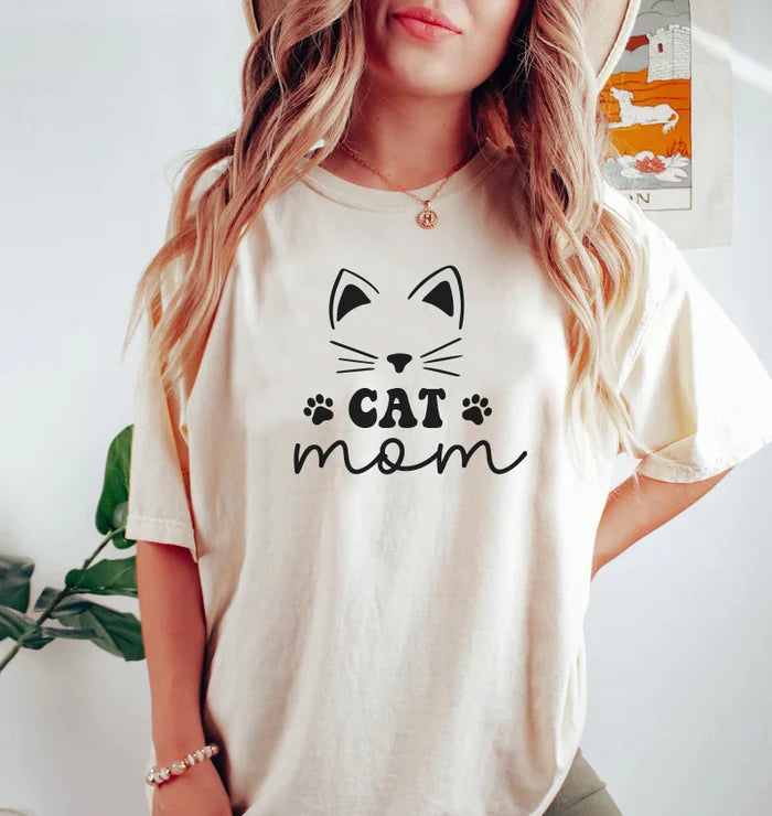 Cat Mom T Shirt with Cute Face and Paw Prints