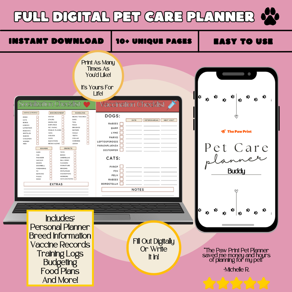 The Paw Print Complete Pet Planner Bundle + Free Bonus Coloring Pages - Digital Download