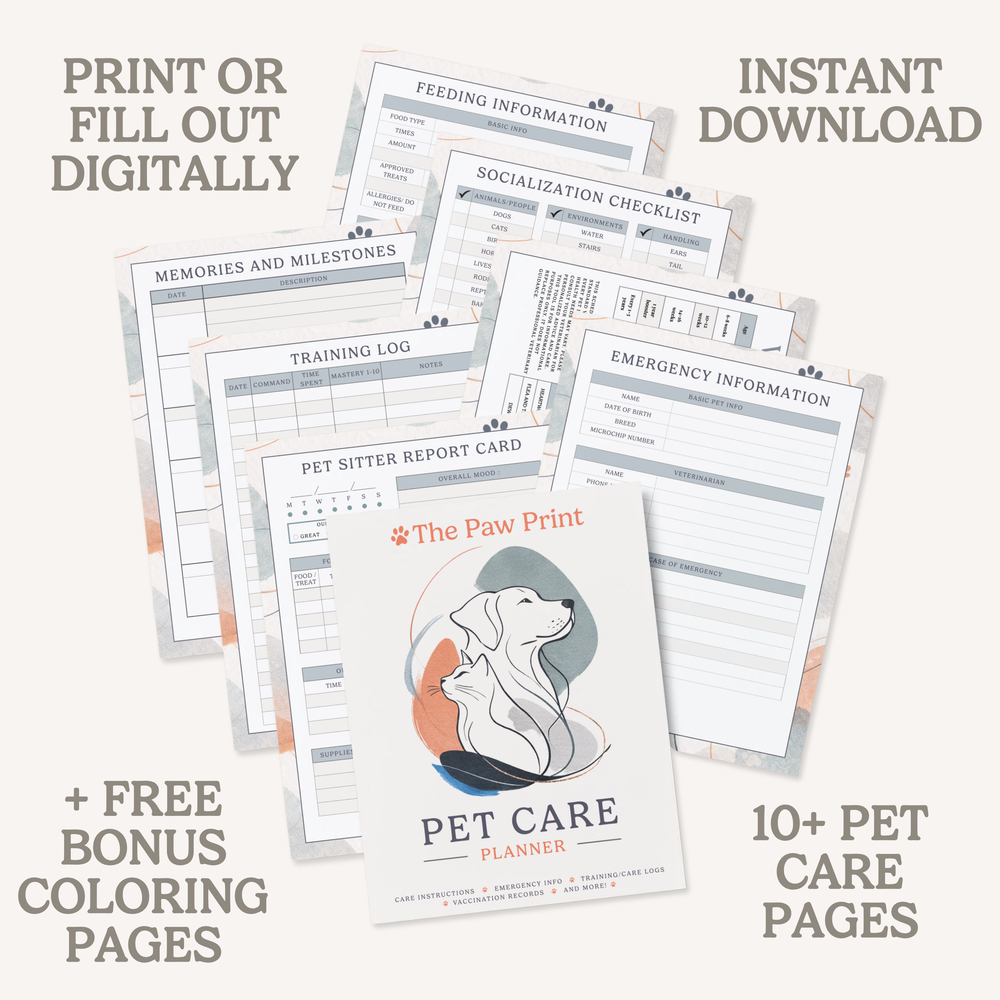 The Paw Print Complete Digital Pet Planner Bundle + Free Bonus Coloring Pages - Digital Download