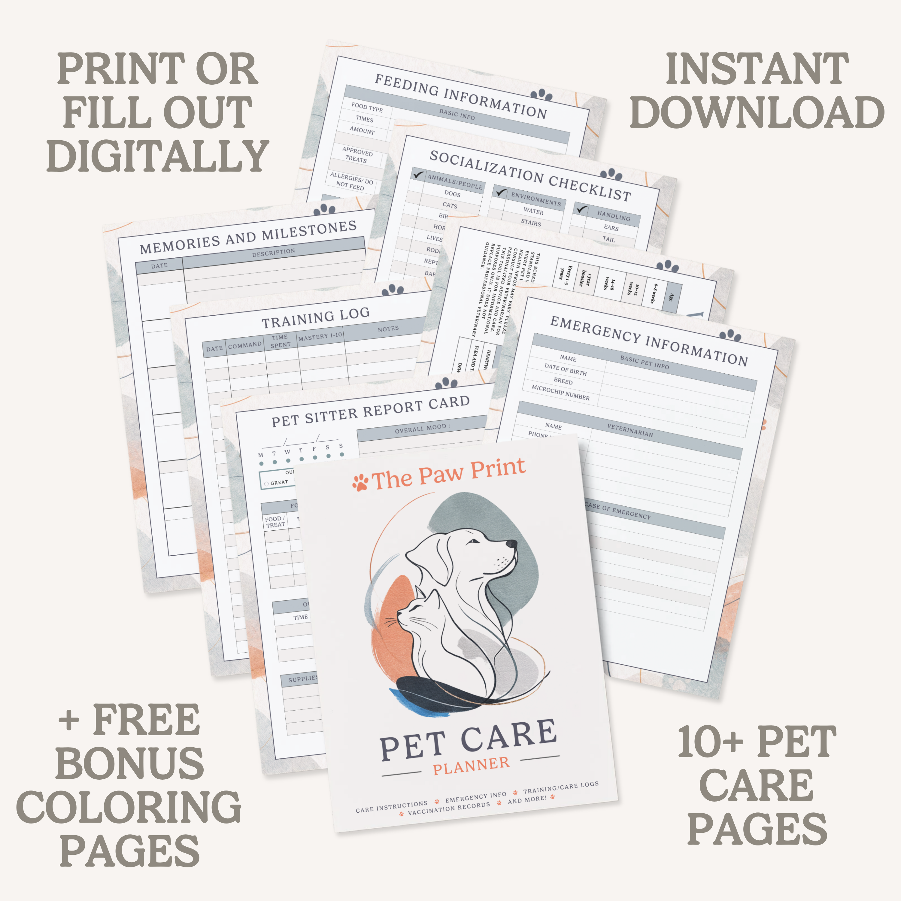 The Paw Print Complete Digital Pet Planner Bundle + Free Bonus Coloring Pages - Digital Download