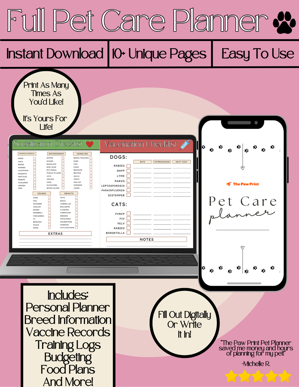 The Paw Print Complete Pet Planner Bundle + Free Bonus Coloring Pages - Digital Download