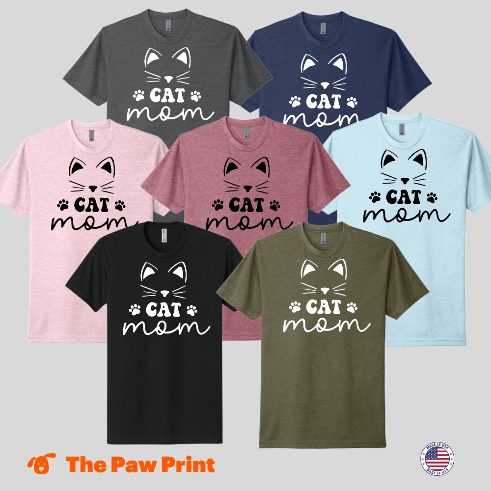 Cat Mom T Shirt with Cute Face and Paw Prints
